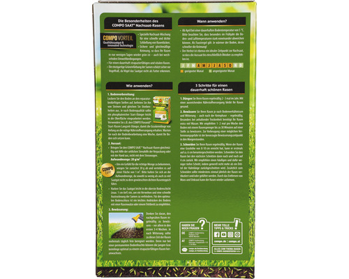 COMPO Saat Nachsaat-Rasen Packungsrückseite mit Informationen zur Rasennachsaat