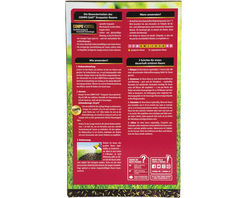 Informationen auf der Rückseite einer COMPO SAAT Strapazier-Rasensamenpackung