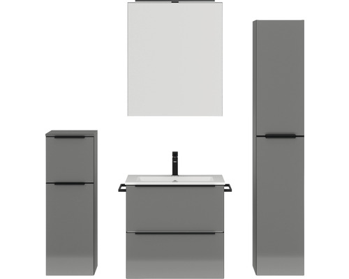 Badmöbel-Set NOBILIA Programm 1 38 BxHxT 140 x 169,1 x 48,7 cm Frontfarbe grau hochglanz mit Möbel-Waschtisch und Spiegelschrank 1-türig mit LED-Beleuchtung Unterschrank Midischrank Griffleiste schwarz 038 Badezimmermöbel-Set mit Waschbeckenunterschrank, Spiegelschrank und Hochschrank