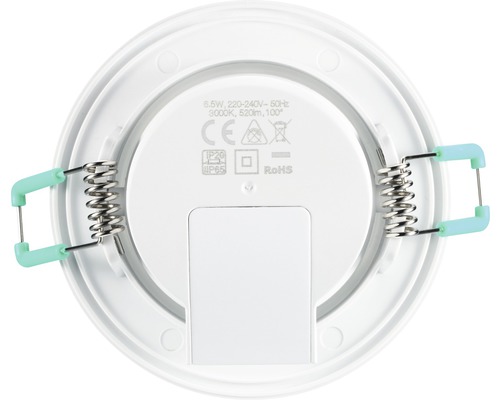 LED Einbaustrahler Rückseite mit technischen Daten, Federn und IP65 Schutzart