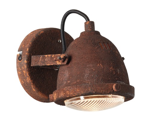 Wandleuchte im Industriedesign mit rostfarbener Oberfläche und transparentem Lampenschirm