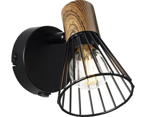 Schwarze Wandleuchte mit Holzdetails und Drahtschirm