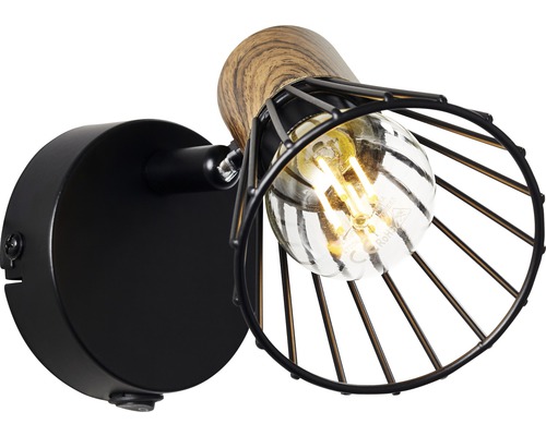 Wandleuchte aus Metall und Holz mit Leuchtmittel