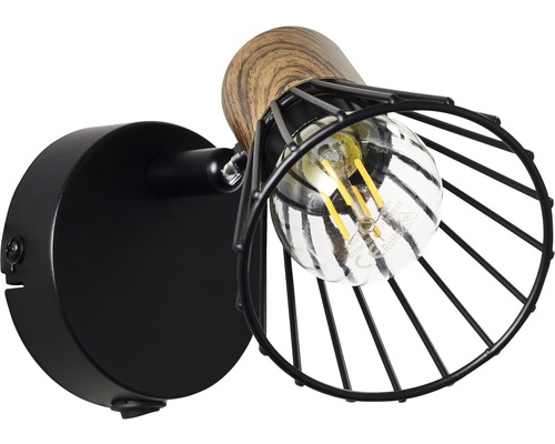 Wandleuchte mit Holzoptik und schwarzem Metallgitter