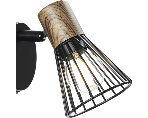 Wandleuchte mit Holzoptik und schwarzem Drahtschirm