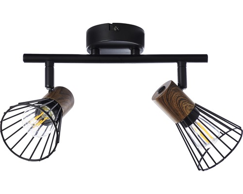 Deckenleuchte mit zwei Strahlern aus Holz und Metallgitter