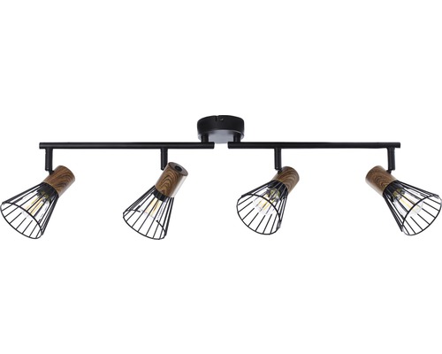 Deckenleuchte mit vier Strahlern mit Holzoptik und schwarzem Drahtkäfig
