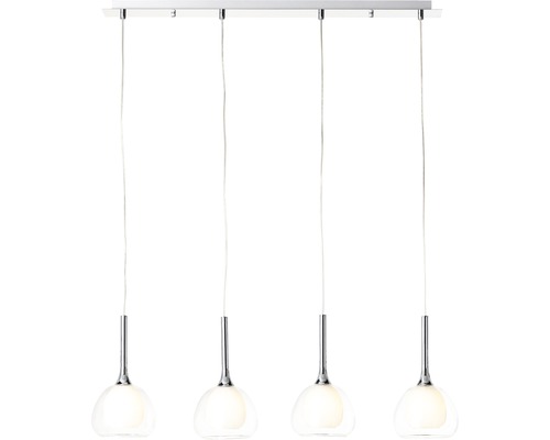 Vierflammige Pendelleuchte mit transparenten Lampenschirmen
