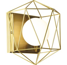 Wandleuchte mit geometrischem, goldenem Drahtgestell und runder Lichtquelle