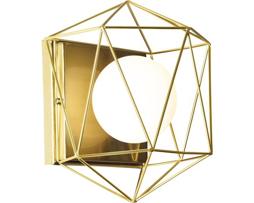 Wandleuchte mit geometrischem, goldenem Drahtgestell und runder Lichtquelle
