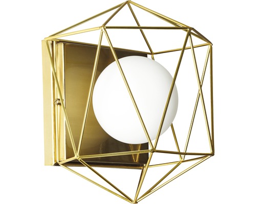 Goldfarbene Wandleuchte mit geometrischem Design und runder Glühbirne