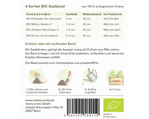 Bio Saatband mit vier Gemüsesorten und Anbauhinweisen