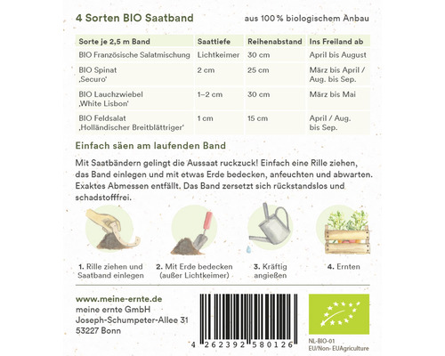 Bio Saatband mit vier verschiedenen Gemüsesorten und Anweisungen
