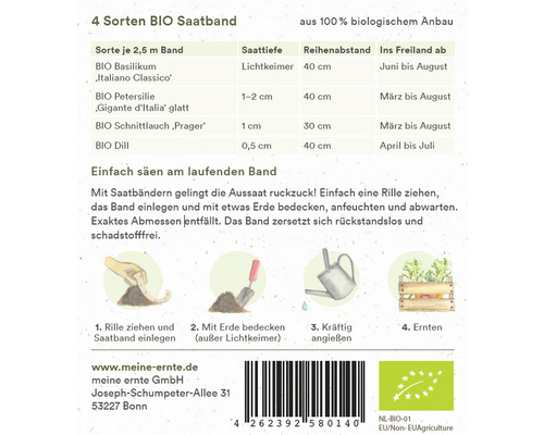 Bio-Saatband mit vier verschiedenen Kräutersorten und Anweisungen