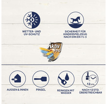 Wetterschutz, UV-Schutz, Sicherheit für Kinderspielzeug nach DIN EN 71-3, geeignet für Außen- und Innenbereich, Pinsel, Reinigung mit Wasser, nach 12 Stunden überstreichbar