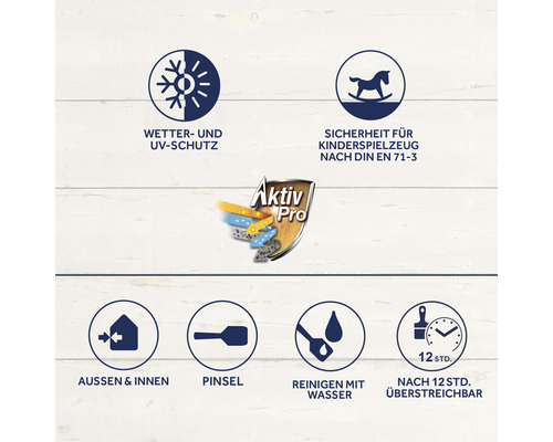 Wetterschutz, UV-Schutz, Sicherheit für Kinderspielzeug nach DIN EN 71-3, geeignet für Außen- und Innenbereich, Pinsel, Reinigung mit Wasser, nach 12 Stunden überstreichbar