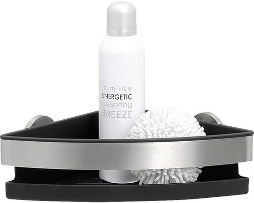 Eckregal mit Shampoo-Flasche und Badeschwamm