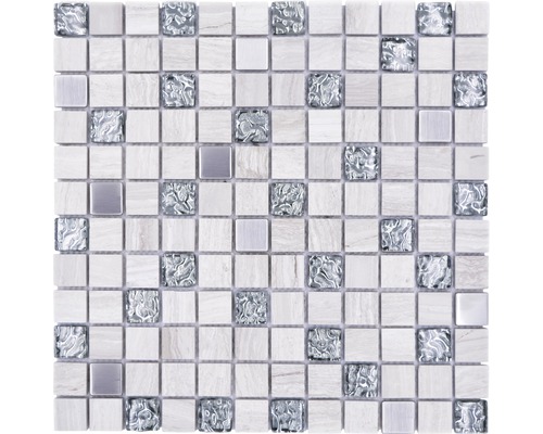 Natursteinmosaik Quadrat Crystal/Stein/Stahl wood white-0