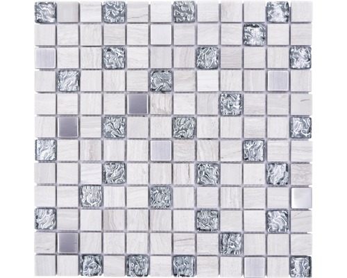 Natursteinmosaik Quadrat Crystal/Stein/Stahl wood white Mosaikfliese aus Marmor und Glas