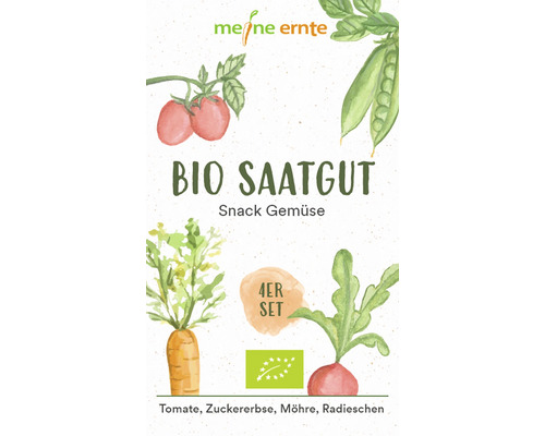 Bio Saatgut meine ernte Snack Gemüse Tomate Karotte Erbsen Radieschen Bio-Saatgut Snackgemüse 4er Set mit Tomaten, Zuckererbsen, Karotten und Radieschen