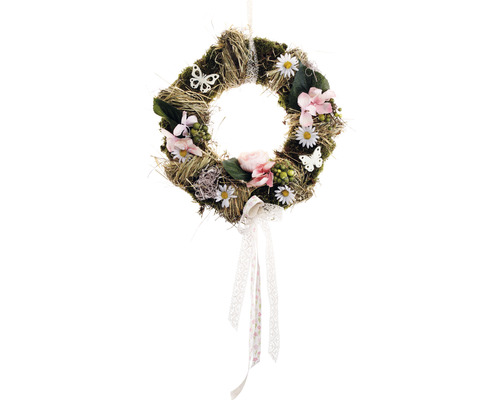 Dekorativer Kranz mit Blumen und Schleife