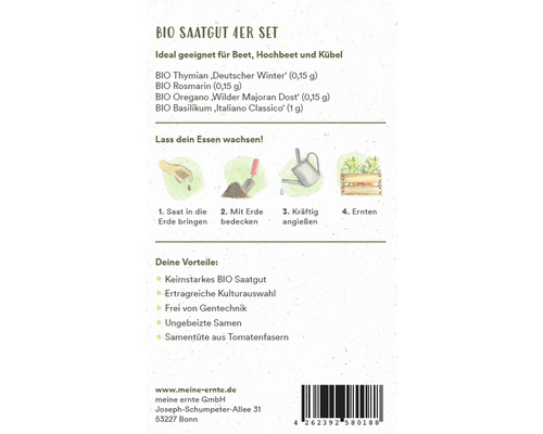 Bio-Saatgut 4er Set geeignet für Beet, Hochbeet und Kübel mit Thymian, Rosmarin, Oregano und Basilikum