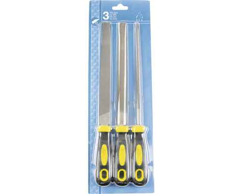 Drei Feilen mit Griff in einer Verpackung