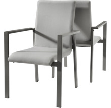 Zwei graue Armlehnstühle mit Stoffbezug und Metallgestell