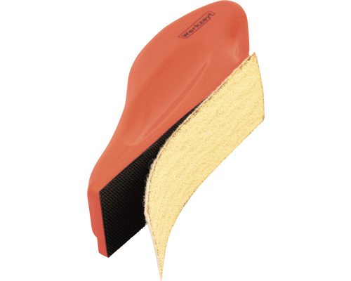 Handschleifer mit Schleifpapier und Werkzeyt Logo