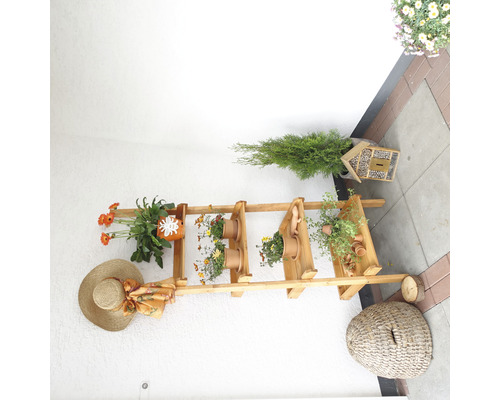 Dekorative Holzleiter mit Blumentöpfen, Hut und Insektenhotel für den Außenbereich