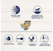 Wetterschutz, UV-Schutz, Sicherheit für Kinderspielzeug nach DIN EN 71-3, für Außen und Innen geeignet, Pinsel, Reinigung mit Wasser, nach 12 Stunden überstreichbar.