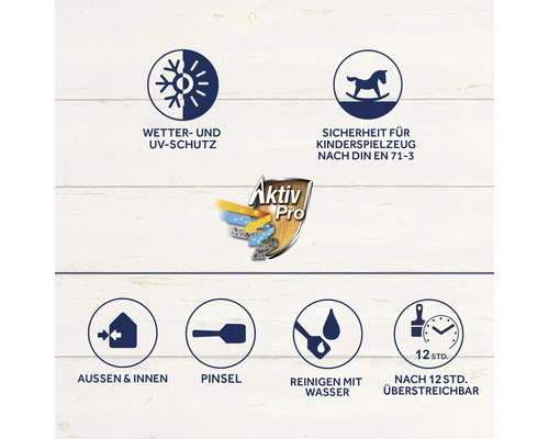 Wetterschutz und UV Schutz, Sicherheit für Kinderspielzeug nach DIN EN 71-3, geeignet für Außen und Innen, Pinsel Reinigung mit Wasser, nach 12 Stunden überstreichbar.