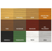 Farbmuster von Kiefer, heller Eiche, Eiche, Oregon Pine oder Honig, Teak, Nussbaum, Mahagoni, Rio-Palisander, Ebenholz, Tannengrün, Weiß und Grau