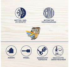 Wetterschutz und UV-Schutz Symbol. Betont die Holzmaserung Symbol. Aktiv Pro Logo. Geeignet für Außenbereiche Symbol. Pinsel Symbol. Reinigen mit Terpentin Symbol. Nach 24 Stunden überstreichbar Symbol.
