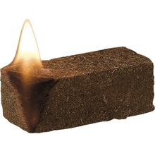 Ein einzelner, brennender Grillanzünder aus Naturfaser.