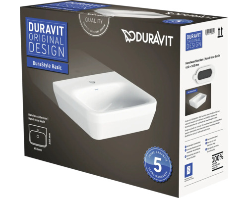 Verpackung eines Duravit DuraStyle Basic Handwaschbeckens mit den Maßen 450 mal 360 Millimeter und einer Garantie von 5 Jahren