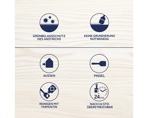 Symbole für Grünbelagsschutz, keine Grundierung notwendig, Aussen, Pinsel, Reinigen mit Terpentin, nach 24 Stunden überstreichbar