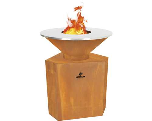 Feuerstelle aus Stahl mit Landmann Logo und Flammen