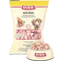 Dibo Geflügel Hundefutter und Katzenfutter, tiefgekühlt in der Verpackung und in einer Schüssel
