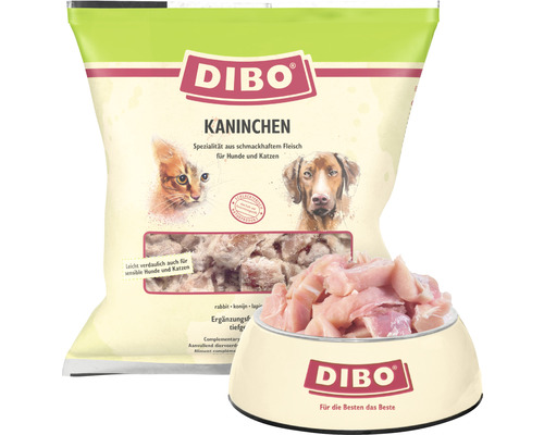 Dibo Kaninchen Hundefutter Tiefkühlkost im Beutel und Hundenapf