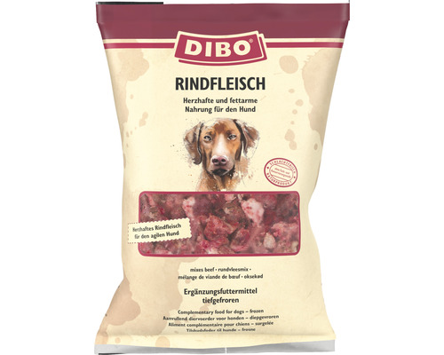 Dibo Rindfleisch, tiefgefrorenes Ergänzungsfuttermittel für Hunde in einer Verpackung