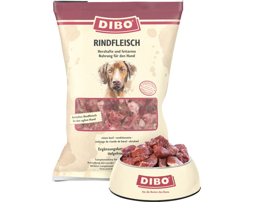 Dibo Rindfleisch Hundefutter im Beutel und in einer Schüssel