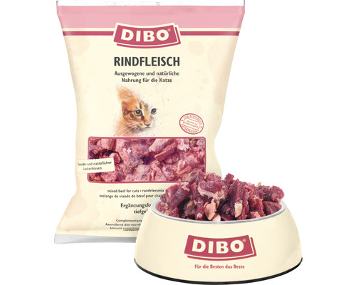 Dibo Rindfleisch Katzenfutter in Verpackung und Schale
