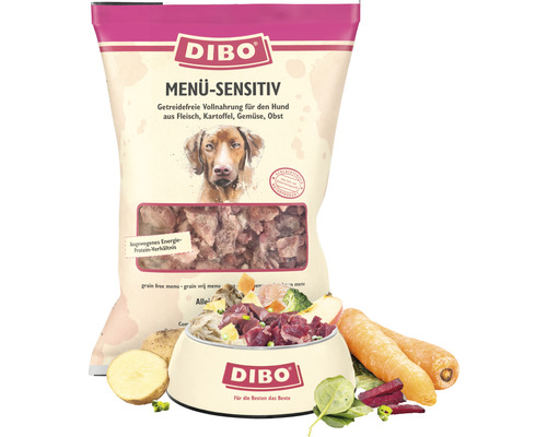Verpackung Dibo Menü Sensitiv Hundenahrung mit Fleisch, Kartoffeln, Gemüse und Obst