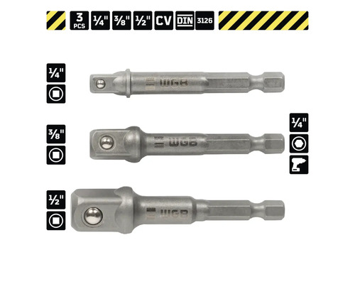 Steckschlüssel-Adapterset mit drei Teilen, Größen: ein Viertel Zoll, drei Achtel Zoll und ein Halb Zoll