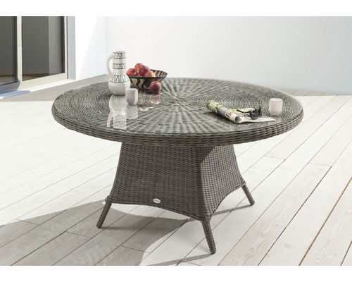 Gartentisch Destiny LUNA Ø120x75cm, mit aufgelegter Glasplatte, vintage grau Runder Gartentisch aus Rattan mit Glasplatte, geeignet für den Außenbereich