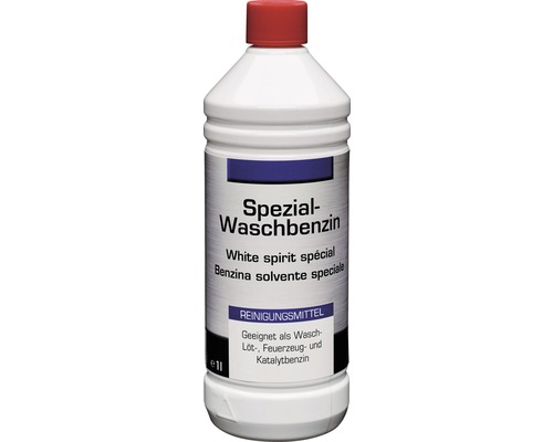 Spezial- Waschbenzin 1 L Spezialwaschbenzin in einer weißen Ein-Liter-Flasche mit rotem Verschluss.