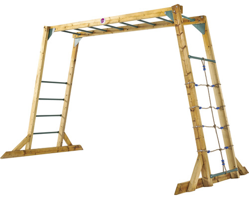 Klettergerüst plum 310 x 160 cm Holz bestehend aus Leiter, Leitersprossen, Hangelstation, Kletternetz