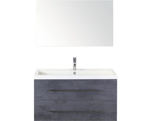 Badmöbel-Set Sanox Straight BxHxT 100 x 170 x 40 cm Frontfarbe beton anthrazit mit Waschtisch Mineralguss weiß und Waschtischunterschrank Mineralguss-Waschtisch Spiegel Waschtisch mit zwei Schubladen, Waschbecken und Spiegel