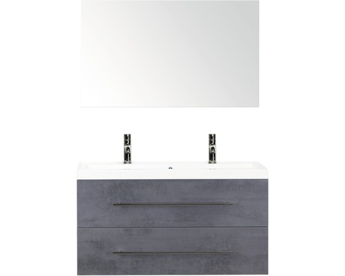 Badmöbel-Set Sanox Straight BxHxT 100 x 170 x 40 cm Frontfarbe beton anthrazit mit Waschtisch Mineralguss weiß und Waschtischunterschrank Mineralguss-Doppelwaschtisch Spiegel Waschtisch mit zwei Becken, Unterschrank mit zwei Schubladen und Spiegel